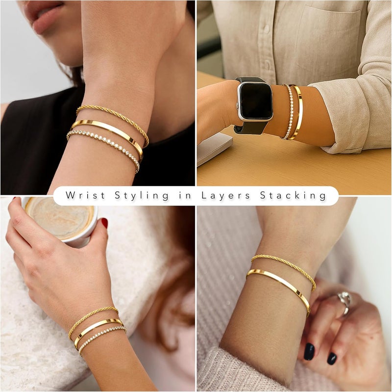 Poxtex 925 Sterling Silver Bracelets for Women Stack, 14K Gold Plated Bangle Cuff Jewelry Set Trendy, Adjustable Tennis Knot Twisted Bracelet for Wrist Essentials Women Fashion Gifts - Image 3